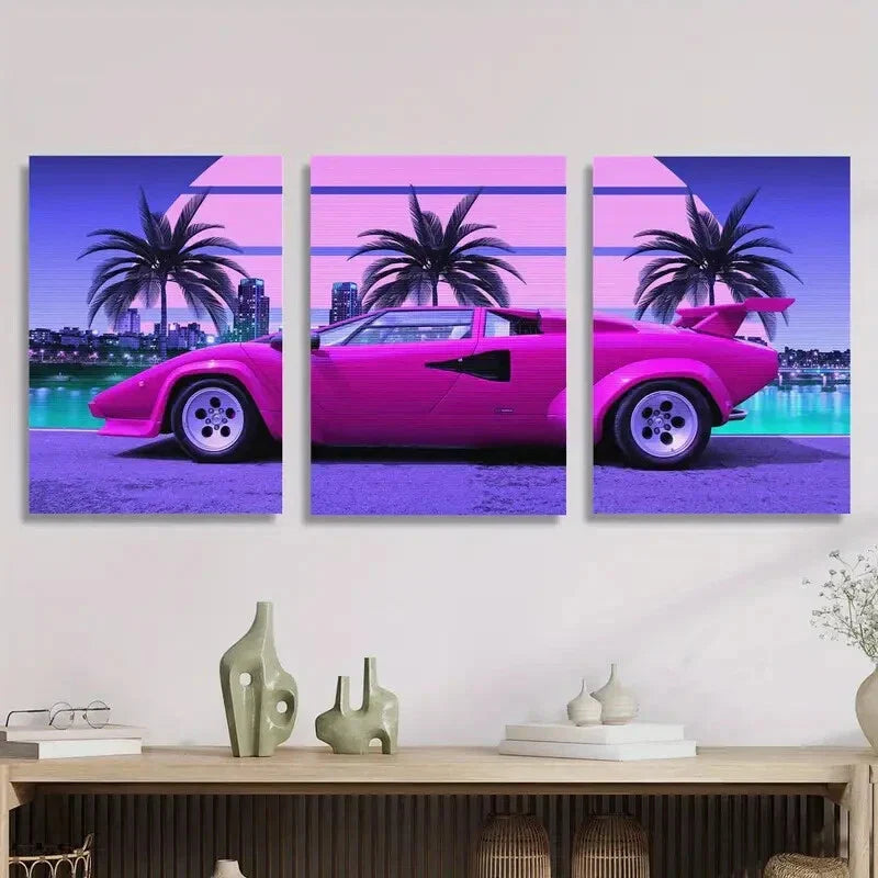 3pcs Vibrant Pink Sports Car with Palm Trees Metal Print Ready to Hang Art Metal Print Ready to Hang Art