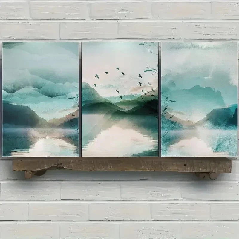3pcs Blue Green Watercolor Style Abstract Mural Metal Print Ready to Hang Art