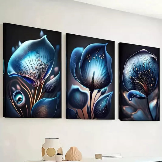3pcs Modern Dark Blue Fantasy Flowers Abstract Wall Art Set Canvas Framed 40x60cm - High Quality Print 100% Australian Made Wall Canvas Ready to Hang