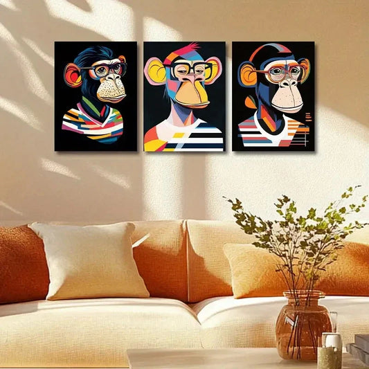 3pcs Featuring a Monkey Wearing Glasses Metal Print Ready to Hang Art