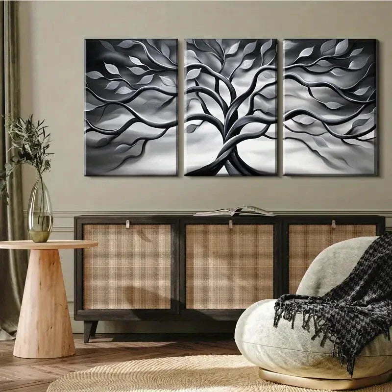 3pcs Elegant Black And White Twisting Tree Metal Print Ready to Hang Art