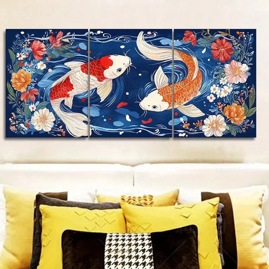 3pcs Red and White Koi Fish with Vibrant Floral Wall Art Set Canvas Framed 40x60cm - High Quality Print 100% Australian Made Wall Canvas Ready to Hang