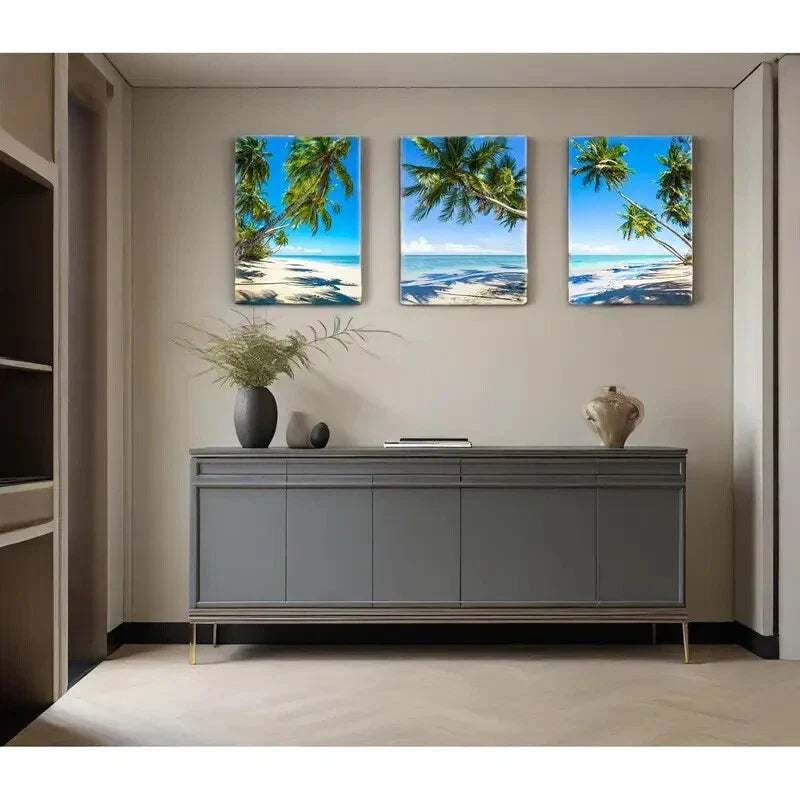 3pcs Coastal Palm Tree & Ocean Seascape Metal Print Ready to Hang Art