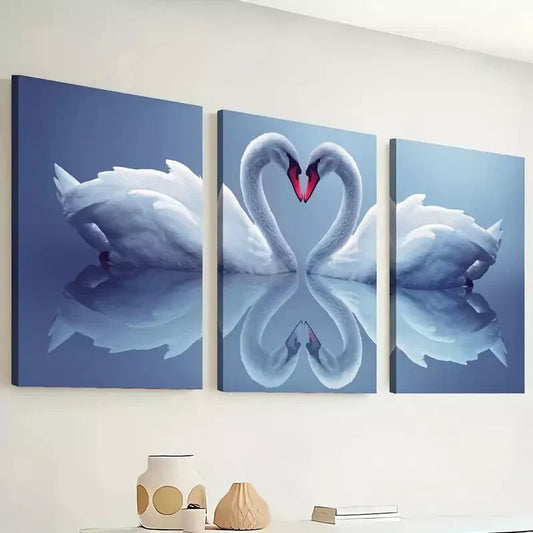 3pcs Featuring Minimalist Heart Design of Swans Wall Art Set Canvas Framed 40x60cm - High Quality Print 100% Australian Made Wall Canvas Ready to Hang