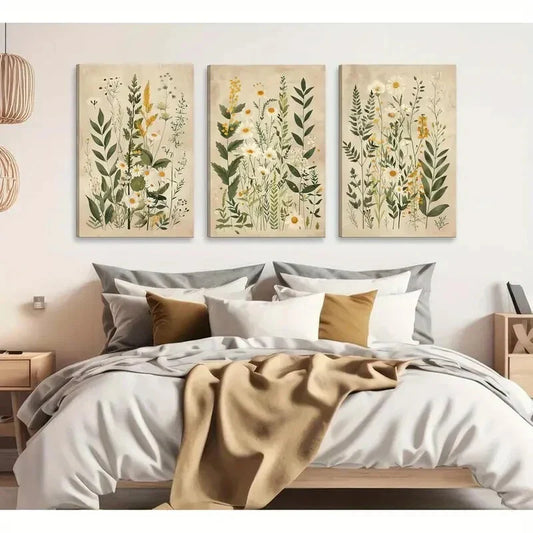 3pcs Vintage Wildflower Posters with Daisy & Sage Metal Print Ready to Hang Art