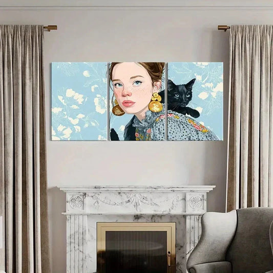 3pcs Woman Portrait Black Cat Floral Background Metal Print Ready to Hang Art