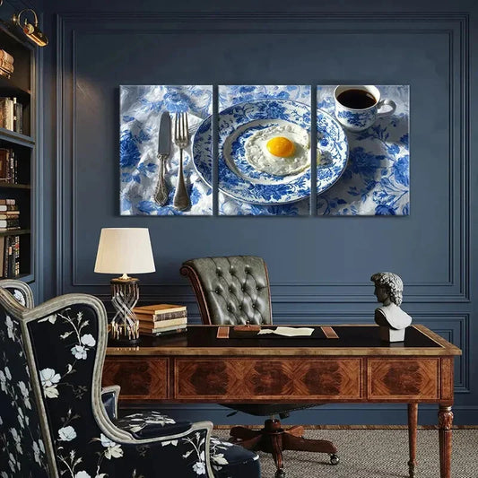 3pcs Breakfast Scene with Blue & White Porcelain Metal Print Ready to Hang Art