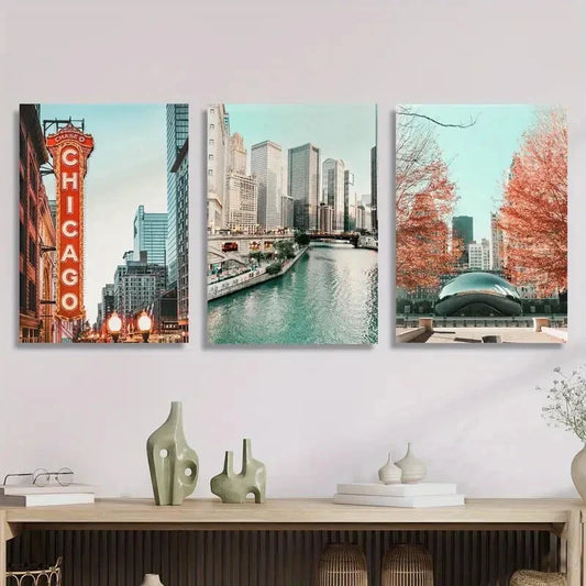 3pcs Autumn Leaves, City Architecture, Chicago Metal Print Ready to Hang Art