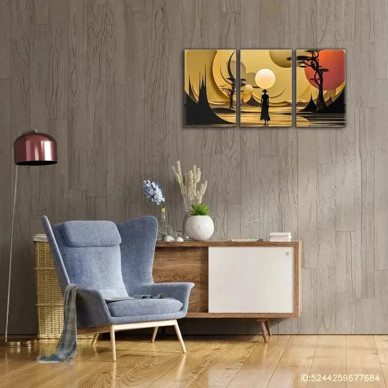 3pcs Afrocentric Landscape Painting Golden Art Metal Print Ready to Hang Art