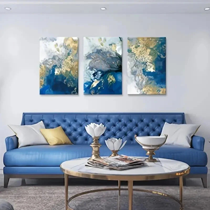 3pcs Blue Picture Golden Teal Painting Metal Print Ready to Hang Art