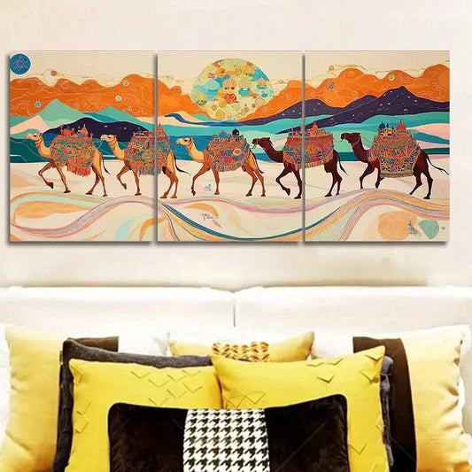 3pcs Painting A caravan of camels Wall Art Set Canvas Framed 40x60cm - High Quality Print 100% Australian Made Wall Canvas Ready to Hang