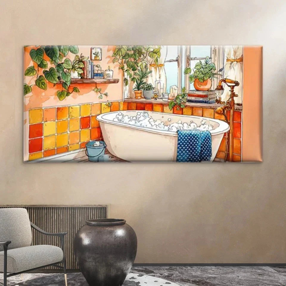 Bathroom Scene with Warm Tiled Wall Art Canvas Office Home Room Framed 80x45cm