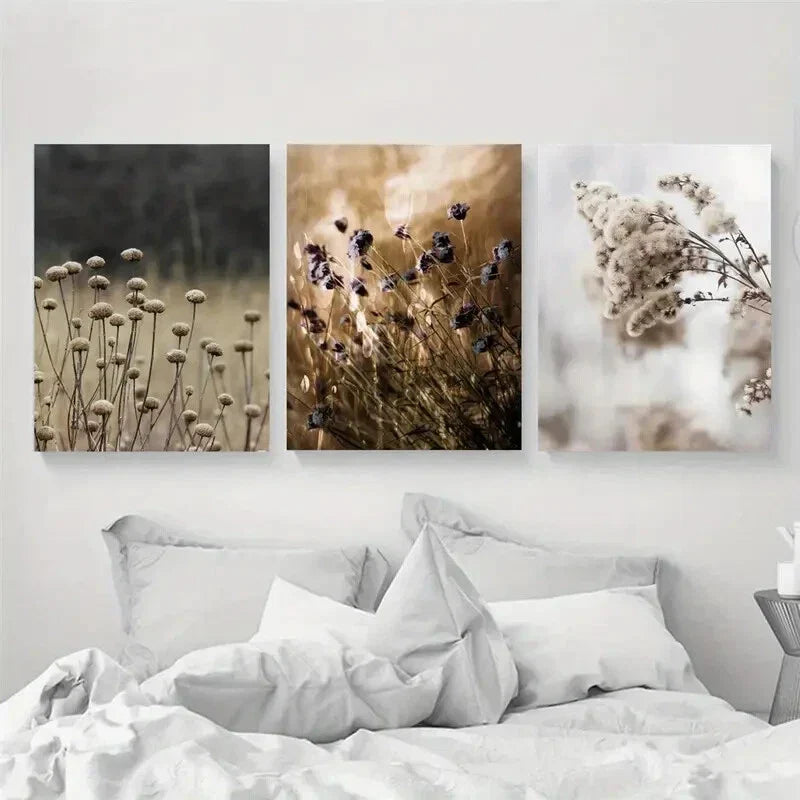 3pcs Minimalist Beige Flower Field Design Metal Print Ready to Hang Art