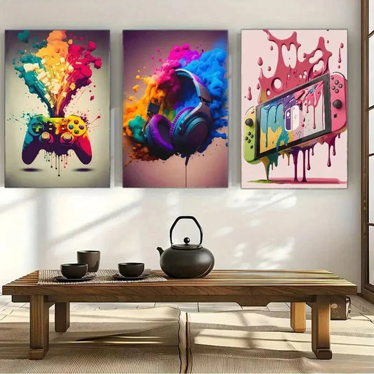 3pcs Colorful Gaming & Music Themed Prints Metal Print Ready to Hang Art