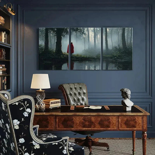 3pcs Mystical Forest Scene Red Cloak Figure Metal Print Ready to Hang Art