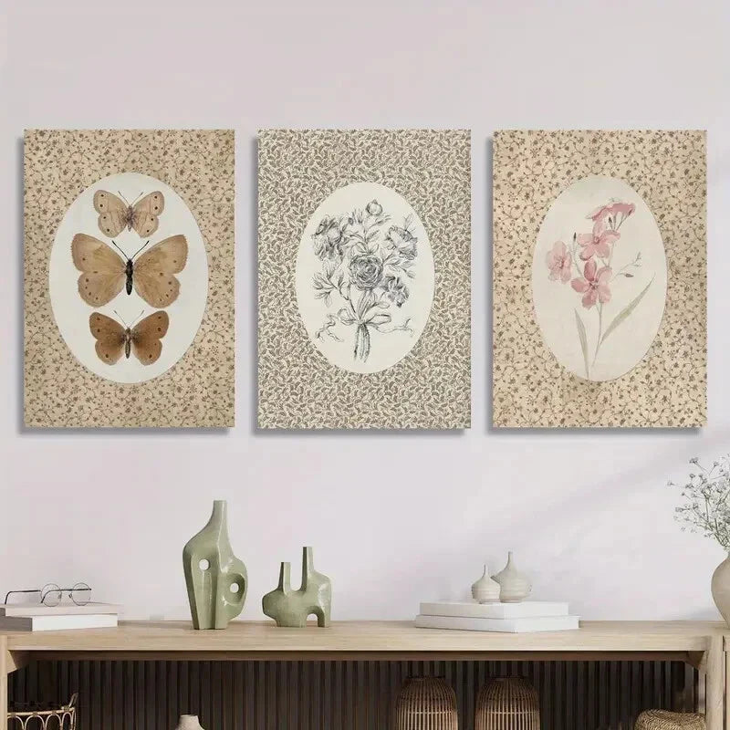 3pcs Vintage butterfly art, antique pink flowers,Metal Print Ready to Hang Art