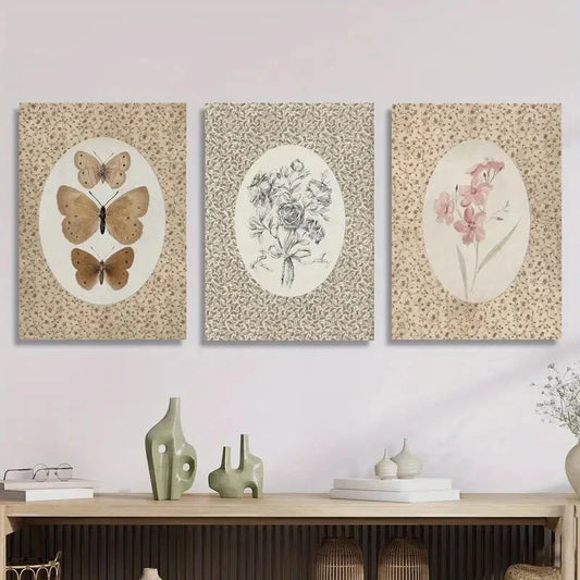 3pcs Vintage butterfly art, antique pink flowers,Metal Print Ready to Hang Art