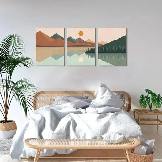 3pcs Abstract Sun Mountain Forest Lake Metal Print Ready to Hang Art