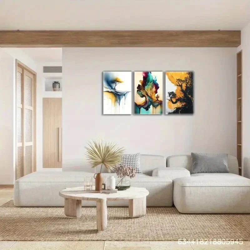 3pcs Golden Embrace, Cool Paint Colors, Abstract Metal Print Ready to Hang Art