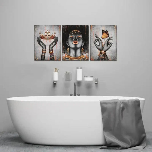 3pcs Orange and Portrait Fashion Black Girl Metal Print Ready to Hang Art