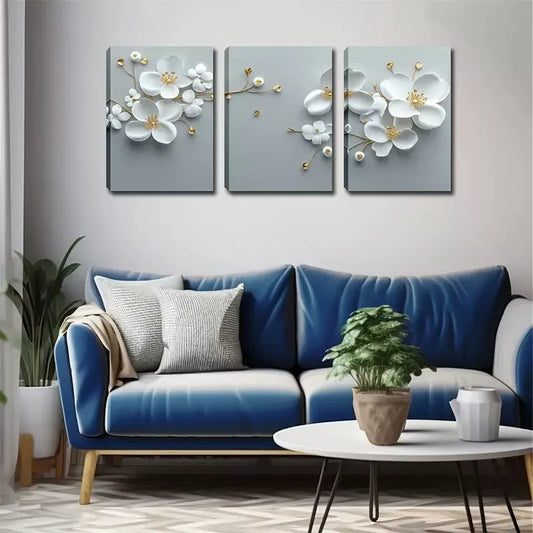 3pcs White, Three-Dimensional Plum Blossom Wall Art Set Canvas Framed 40x60cm - High Quality Print 100% Australian Made Wall Canvas Ready to Hang