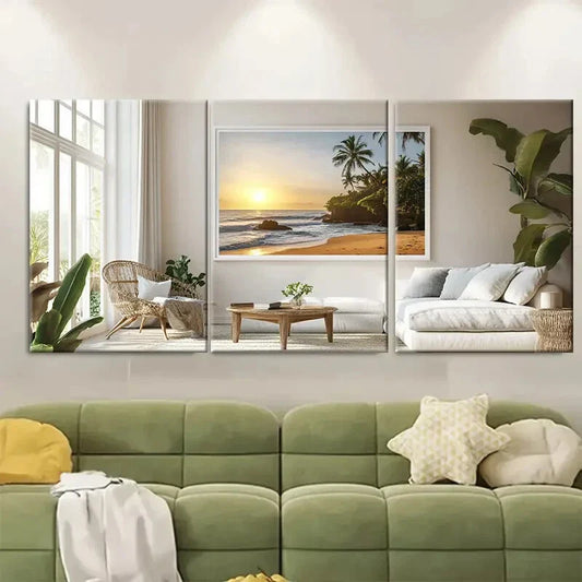 3pcs Serene Beach Sunset Scenes with Palm Trees Metal Print Ready to Hang Art