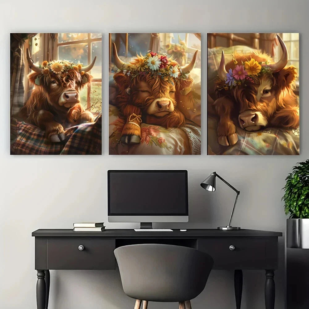3pcs Highland Cow Animal Cattle Metal Print Ready to Hang Art