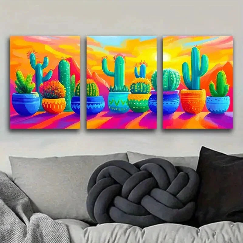 3pcs Cactus in colorful flower POTS Art Painting Metal Print Ready to Hang Art