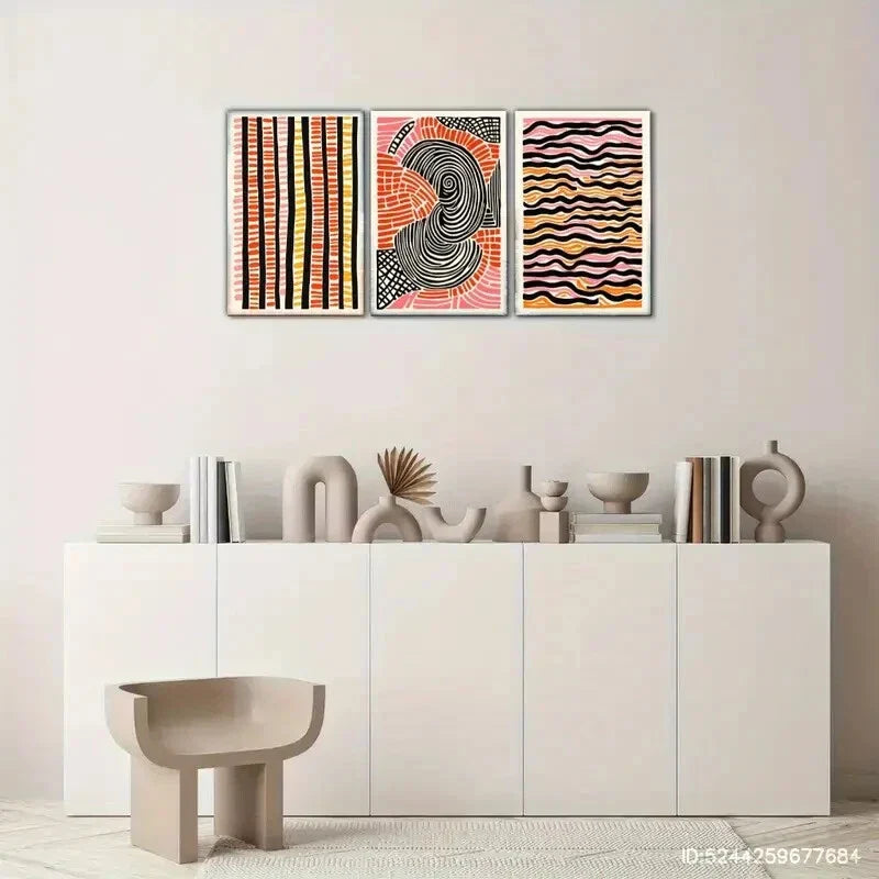 3pcs Red and Black Lines Decorative Poster Metal Print Ready to Hang Art
