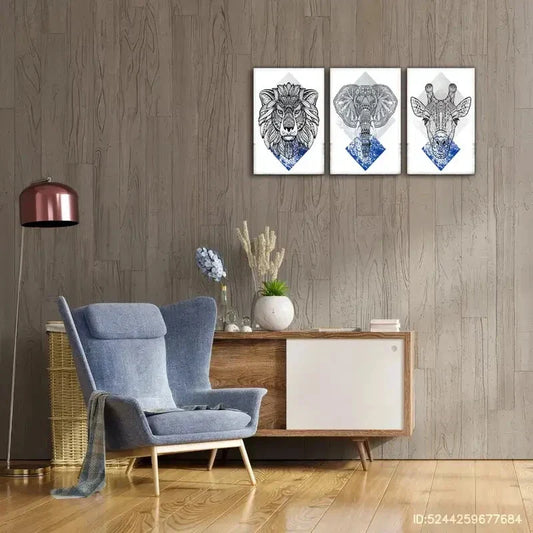 3pcs Totem Lion Elephant Giraffe Head Art Prints Metal Print Ready to Hang Art