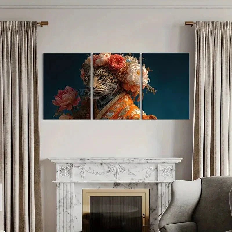 3pcs Elegant Leopard Floral Crown Orange Kimono Metal Print Ready to Hang Art