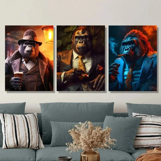 3pcs Art Deco Monkey in Suit Metal Print Ready to Hang Art