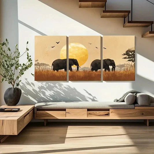3pcs African Sunset Elephants Safari Theme Metal Print Ready to Hang Art
