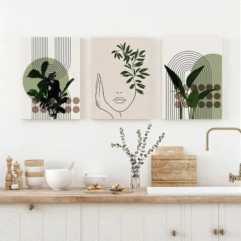 3pcs Green Plant & Abstract Design Metal Print Ready to Hang Art