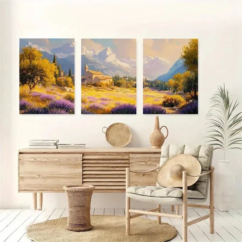 3pcs Vintage House with Mountain View Metal Print Ready to Hang Art
