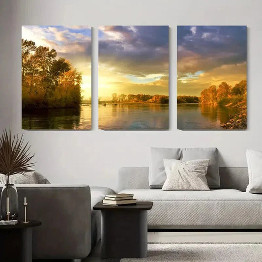 3pcs Autumn Sunset Reflection Scenic Nature Metal Print Ready to Hang Art