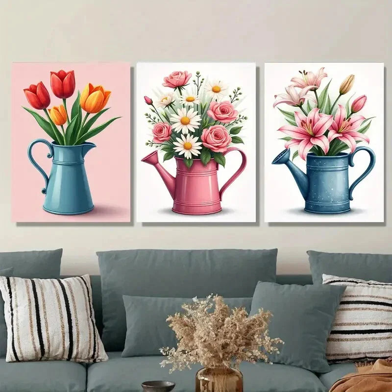 3pcs Colorful Floral Bouquets in Watering Metal Print Ready to Hang Art