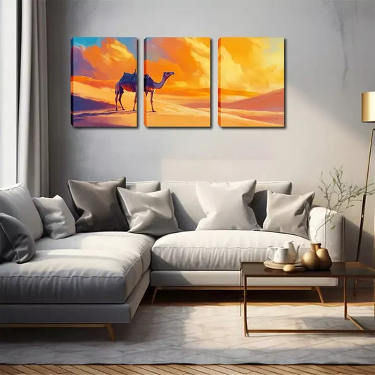 3pcs Vibrant Desert Camel Triptych Wall Art Set Canvas Framed 40x60cm - High Quality Print 100% Australian Made Wall Canvas Ready to Hang