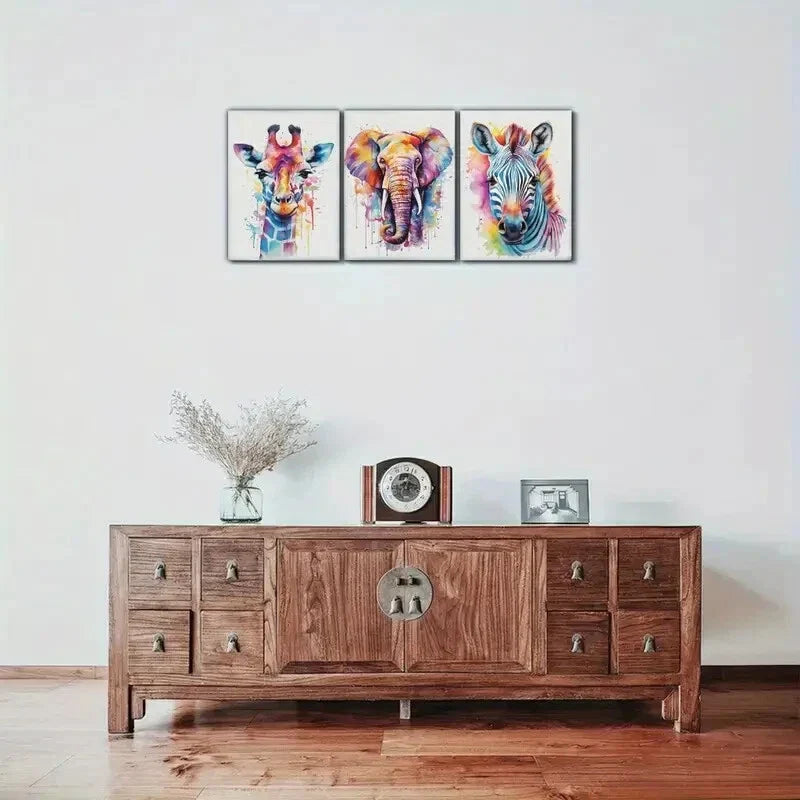 3pcs Elephant Zebra Giraffe Colorful Animal Metal Print Ready to Hang Art