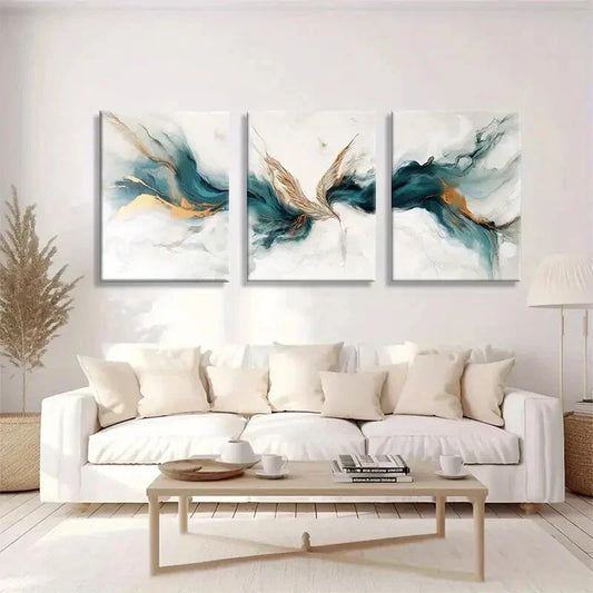 3pcs Teal, White, and Golden Abstract Wave Design Metal Print Ready to Hang Art