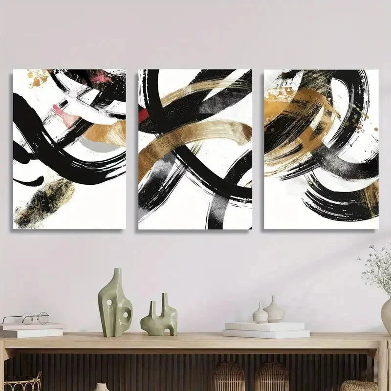 3pcs Abstract Black and Golden Marble Texture Metal Print Ready to Hang Art