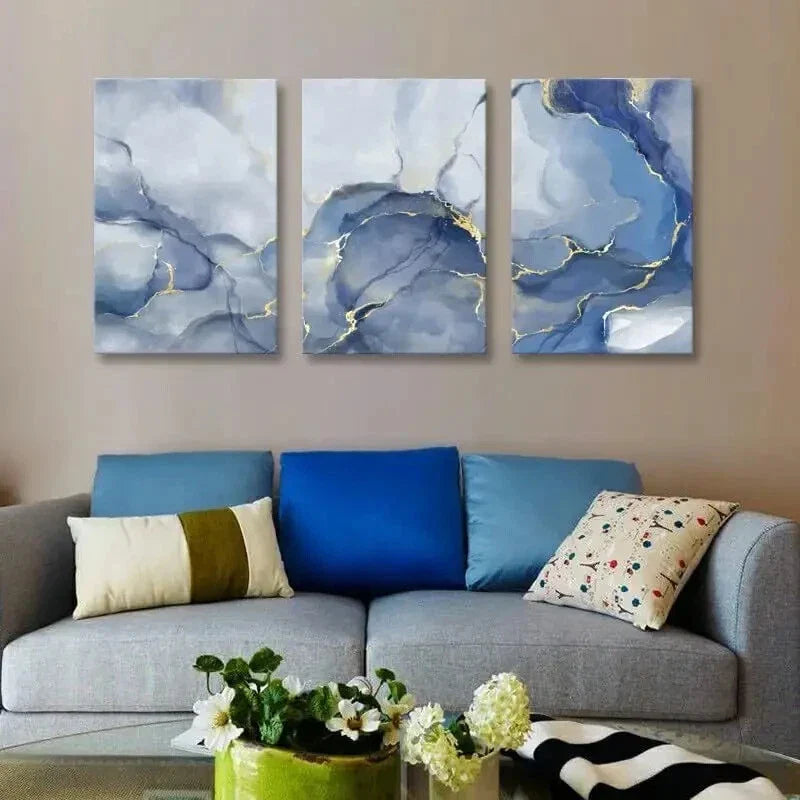 3pcs Blue and Golden Abstract Metal Print Ready to Hang Art