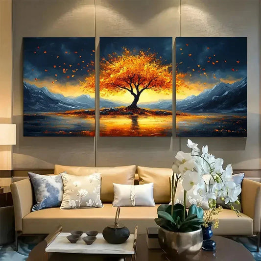 3pcs Vibrant Nature Solitary Golden Tree Metal Print Ready to Hang Art