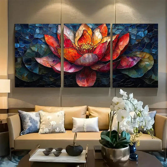 3pcs Lotus Flower Stained Glass Metal Print Ready to Hang Art