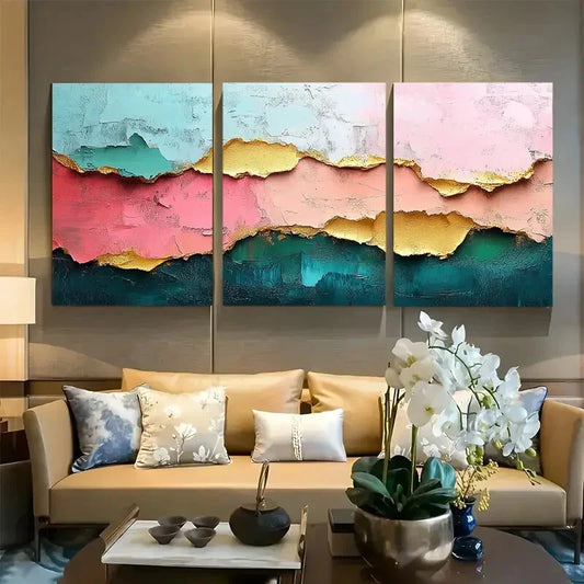 3pcs Abstract Pastel Bold and Colorful Textured Metal Print Ready to Hang Art