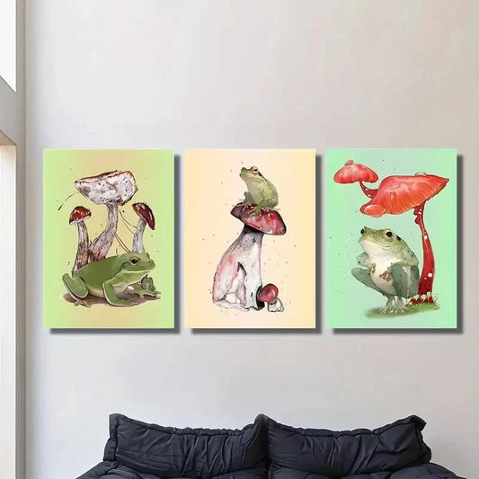3pcs Whimsical Frog & Mushroom Metal Print Ready to Hang Art