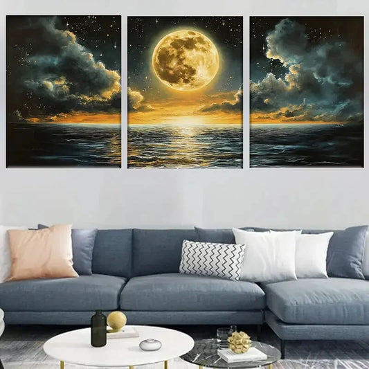 3pcs Moonlit Ocean Full Moon and Serene Night Sky Metal Print Ready to Hang Art