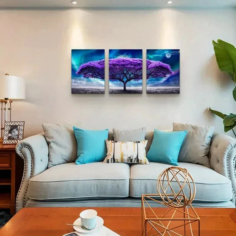 3pcs Aurora Purple Tree Scenery Metal Print Ready to Hang Art