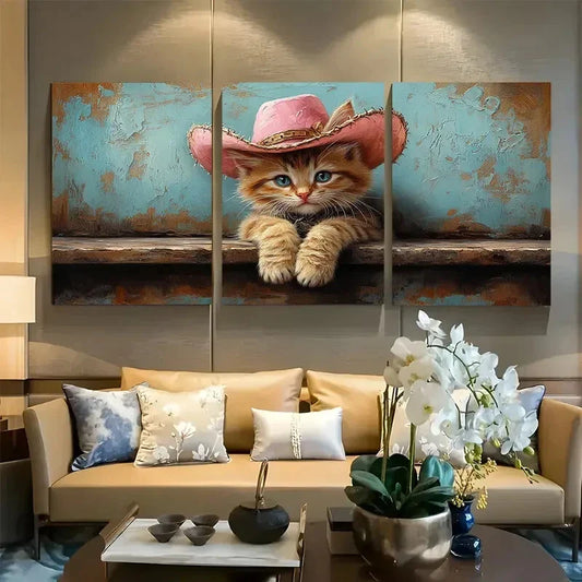 3pcs Whimsical Pink Hat and Boots Cowboy Cat Metal Print Ready to Hang Art