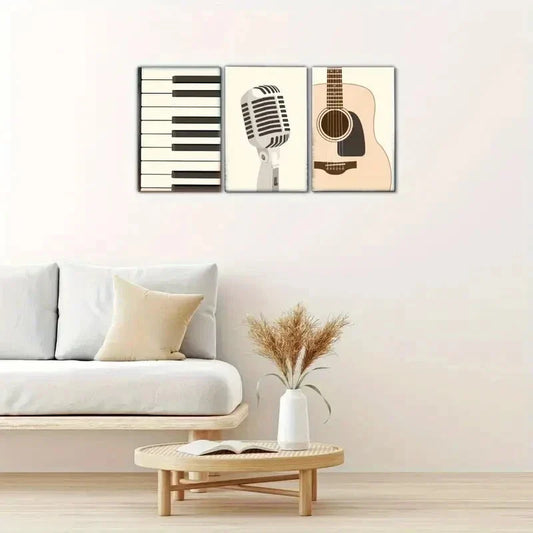 3pcs Piano Guitar and Microphone Metal Print Ready to Hang Art